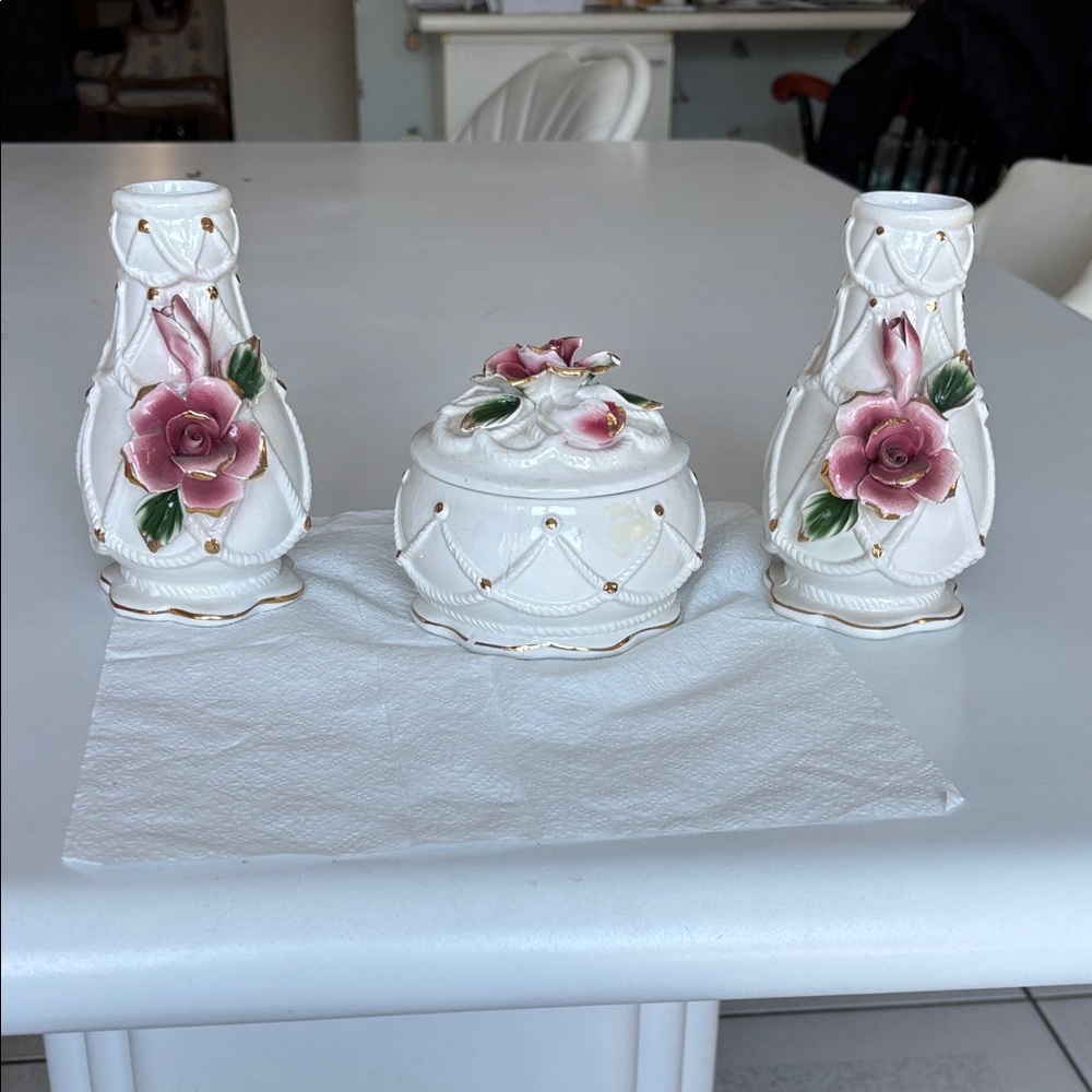 Floral Ceramic Vase and Box Set
